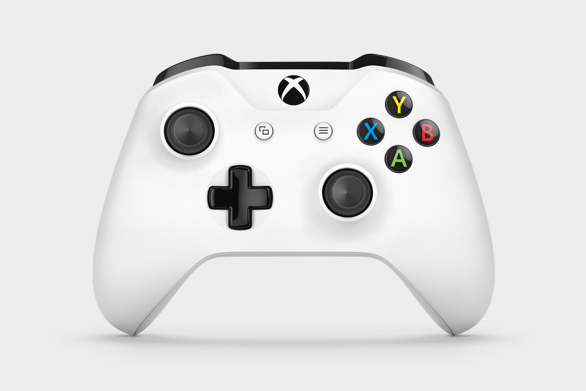 A white Xbox One S controller showing the integrated faceplate design.