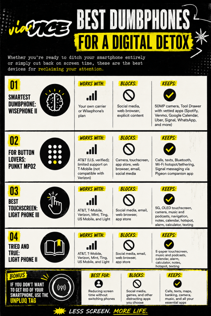 An infographic layout highlighting top-rated dumbphones by category.