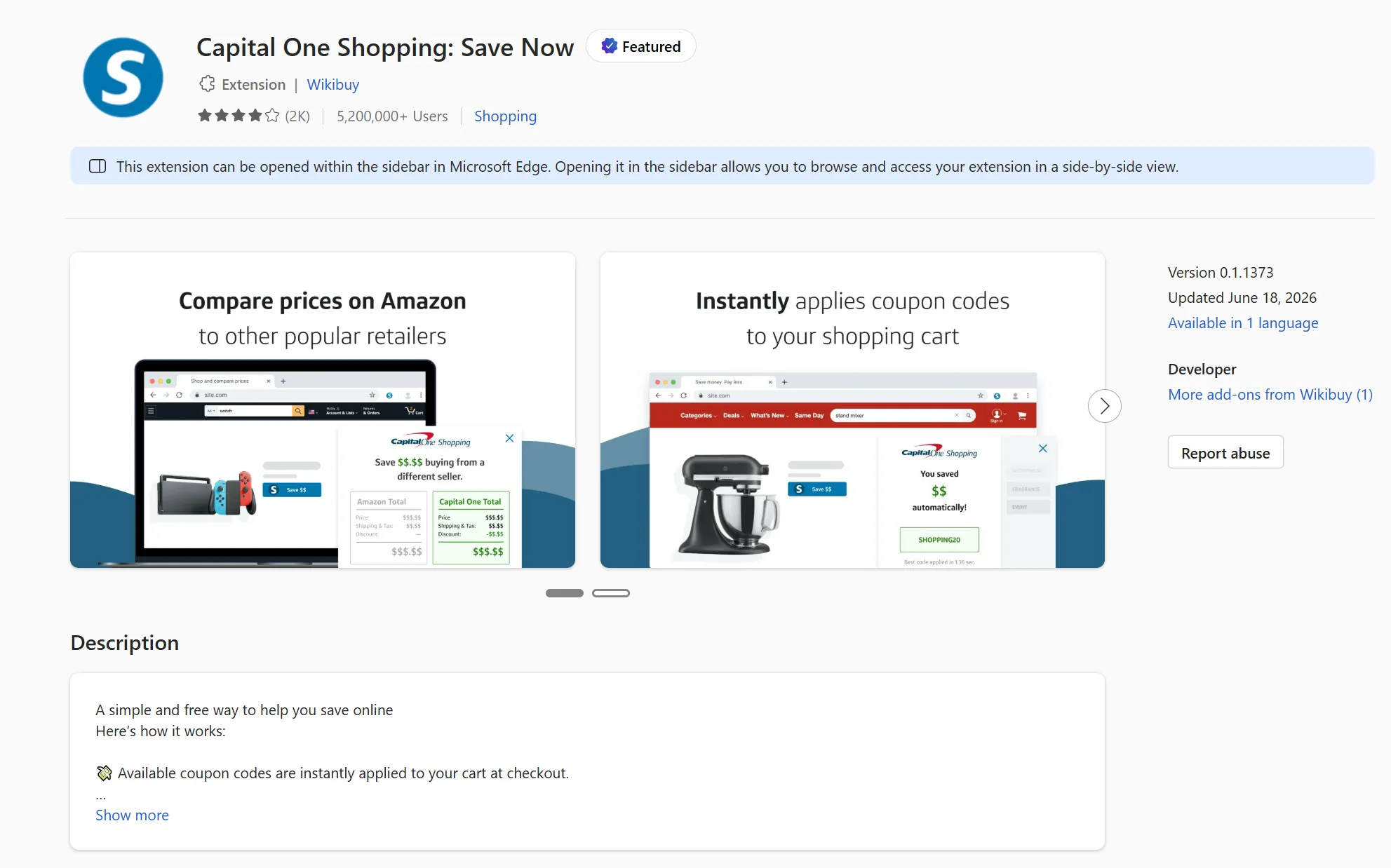 The Capital One Shopping extension interface showing a pop-up on an Amazon product page.