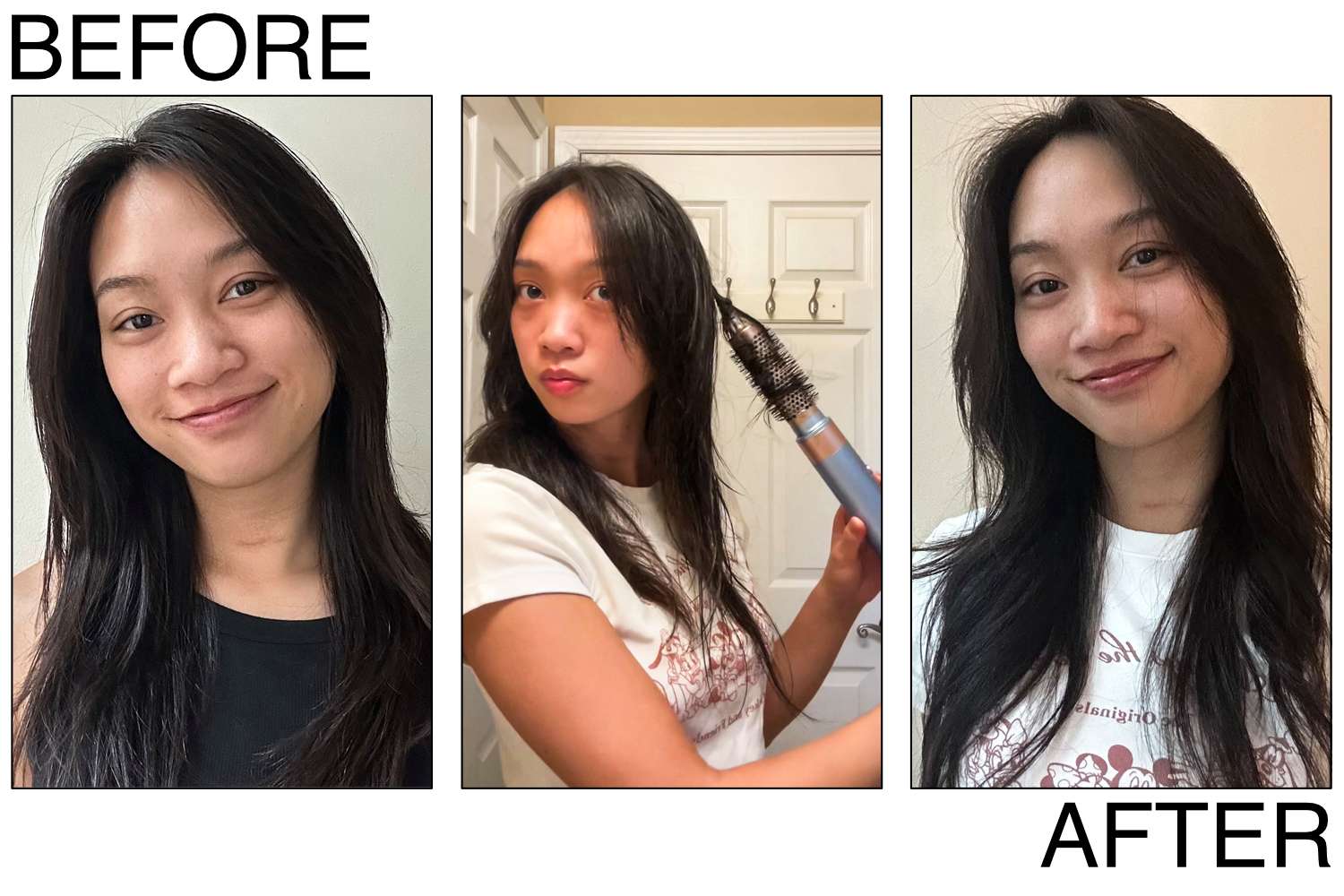 Before, during, and after photos of a hair styling session using the Conair InfinitiPRO.