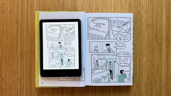 The Amazon Kindle Colorsoft e-reader displaying a comic book with vibrant colors.