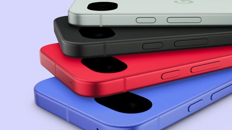 Multiple Google Pixel 10a phones shown in various color options.