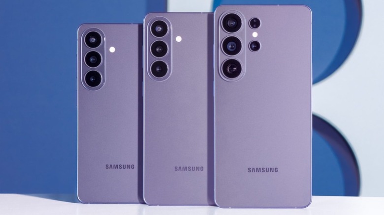 The lineup of three Samsung Galaxy S26 models showing different sizes and colors.