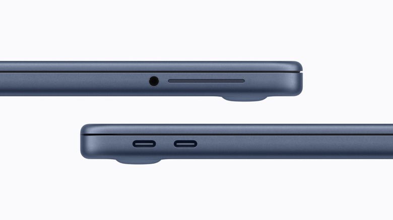 Detailed view of the MacBook Neo's USB-C ports and speaker grilles.