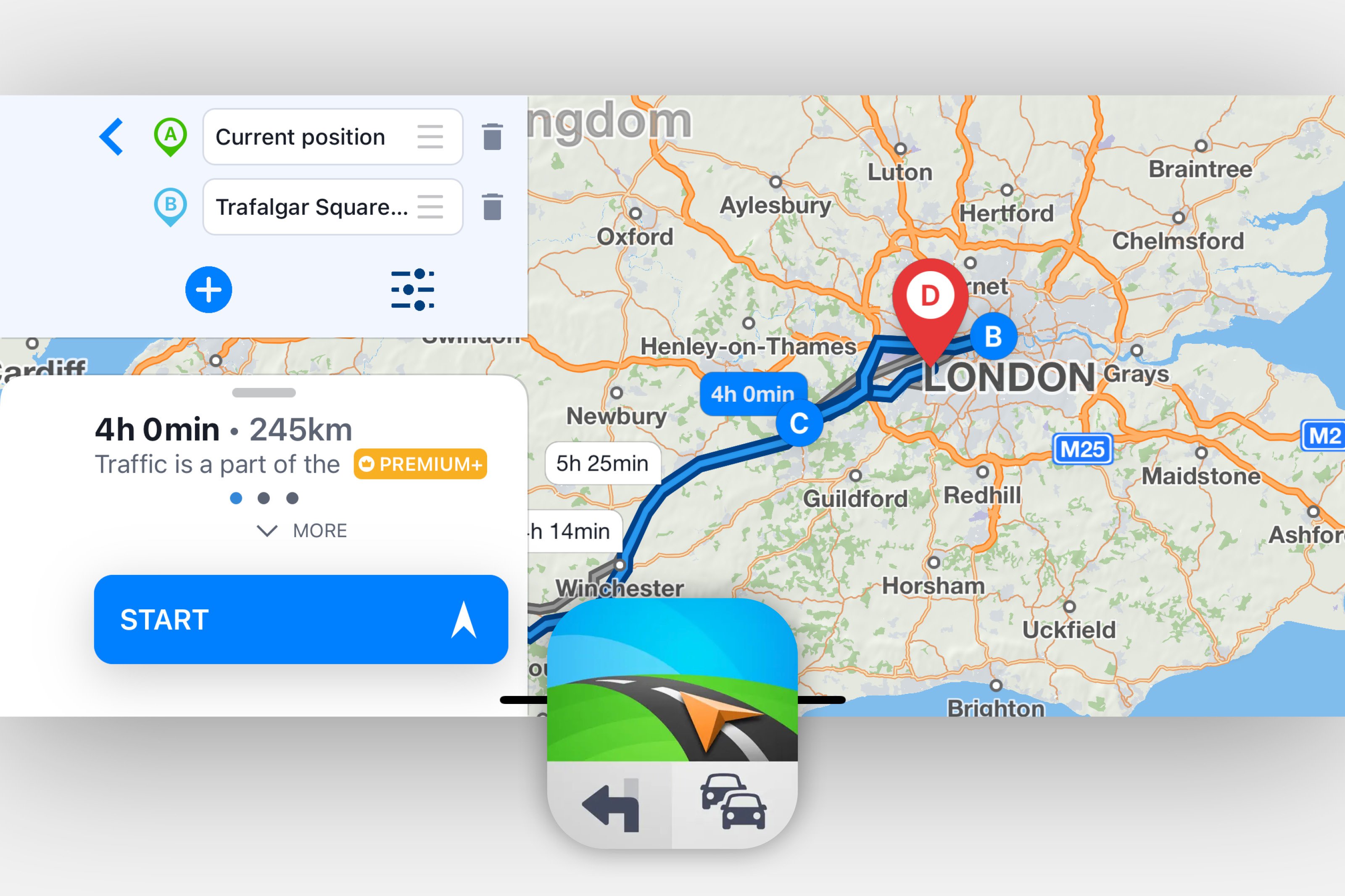 The user interface of the Sygic navigation app showing 3D buildings and lane guidance.