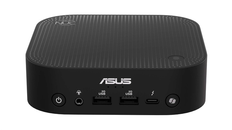 The compact ASUS NUC 14 Pro AI desktop PC featuring a professional dark finish.