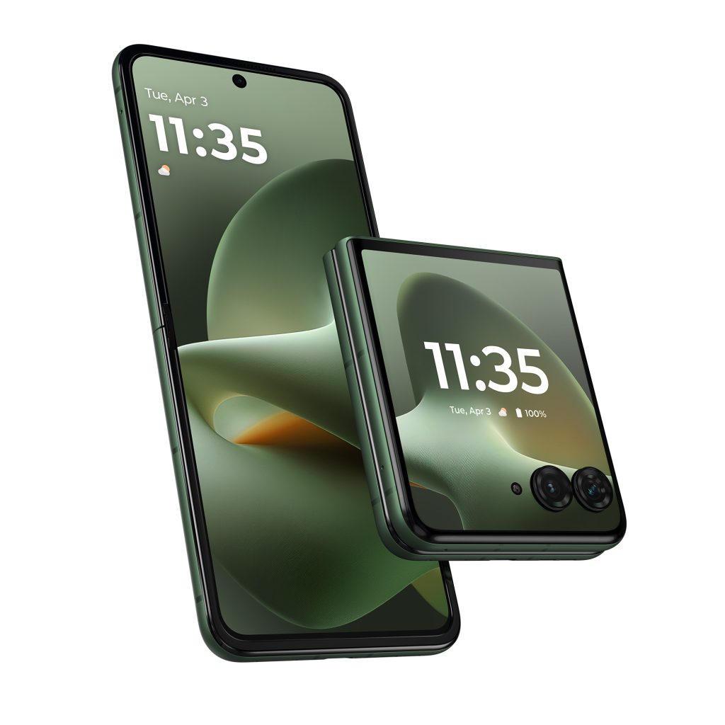 Side profile of the Motorola Razr+ 2026 showing the slim hinge mechanism and Mountain View green finish.