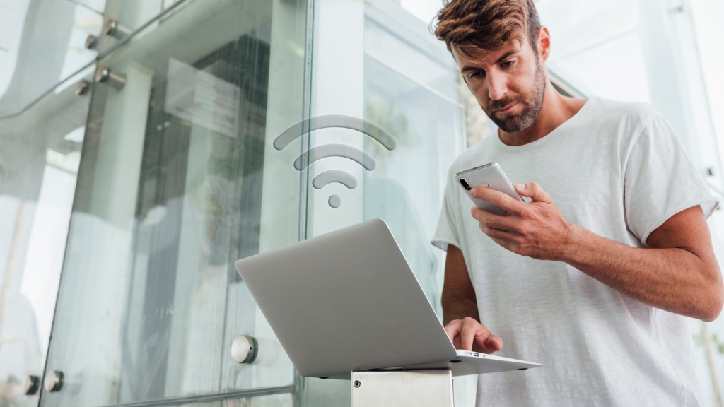 A variety of smart home gadgets including tablets, watches, and smart speakers connected to a central network hub.
