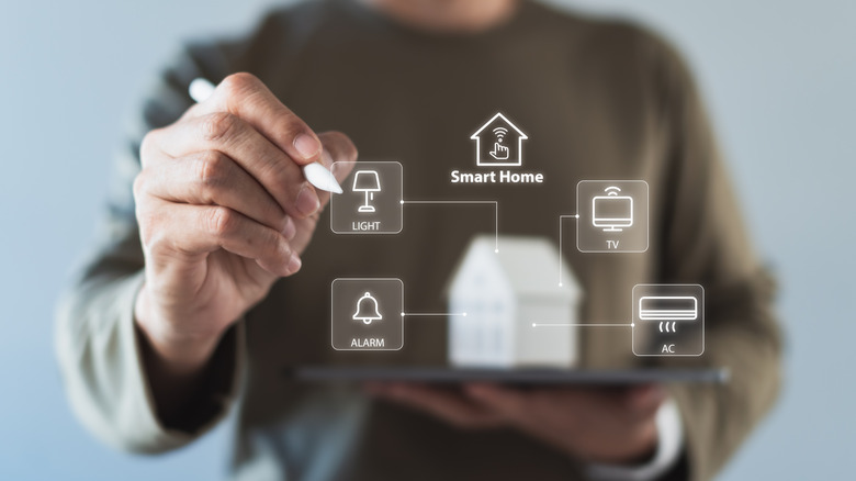 An illustration of a person surrounded by various smart home icons and technology connections.