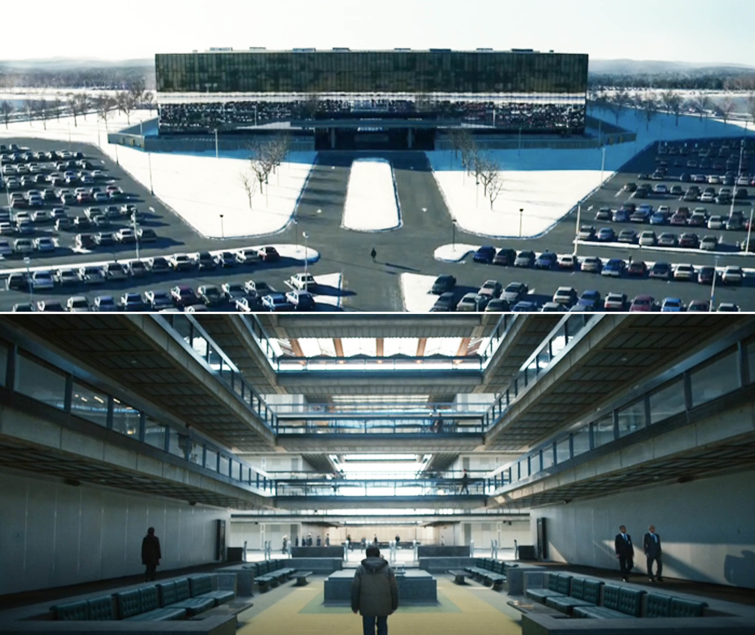 The exterior of the Bell Labs building used as the Lumon Industries headquarters.