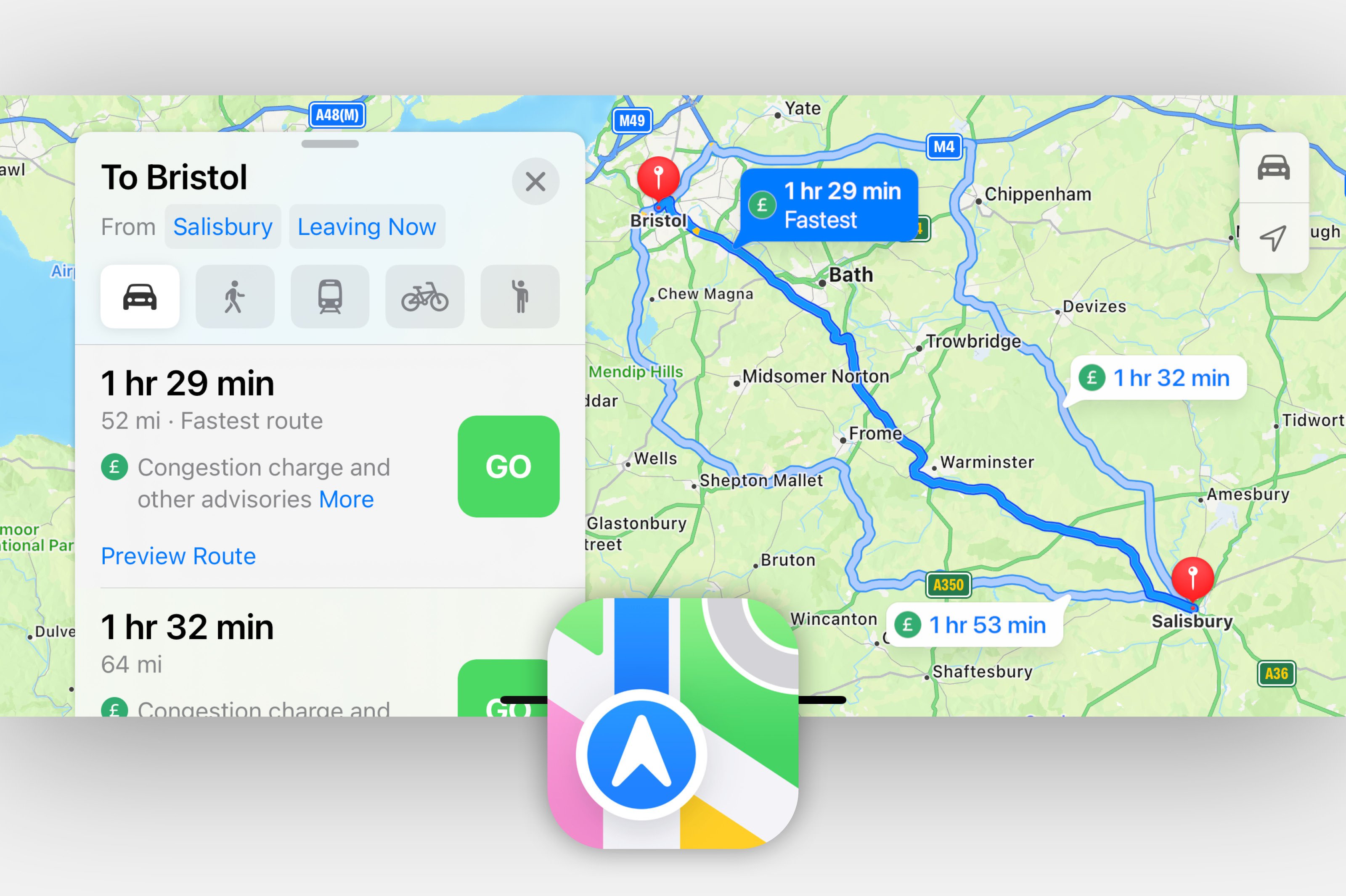 Screenshot of the Apple Maps navigation interface showing a clear driving route.