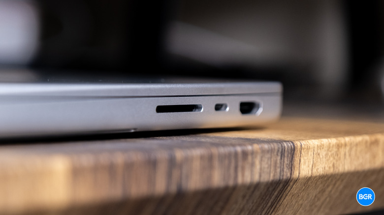 Close-up view of the side ports on the MacBook Pro, including Thunderbolt and MagSafe slots.
