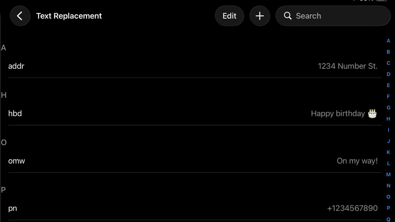 The Text Replacement menu in iPad settings showing various keyboard shortcuts.