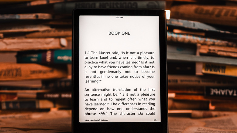 A high-detail close-up of a Kindle screen showing crisp e-ink text inside a book.