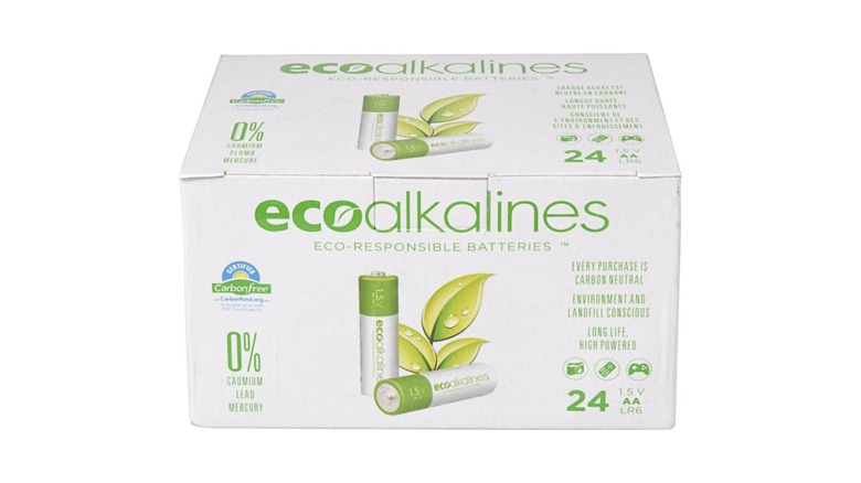 A 24-count box of Eco Alkalines AA batteries.