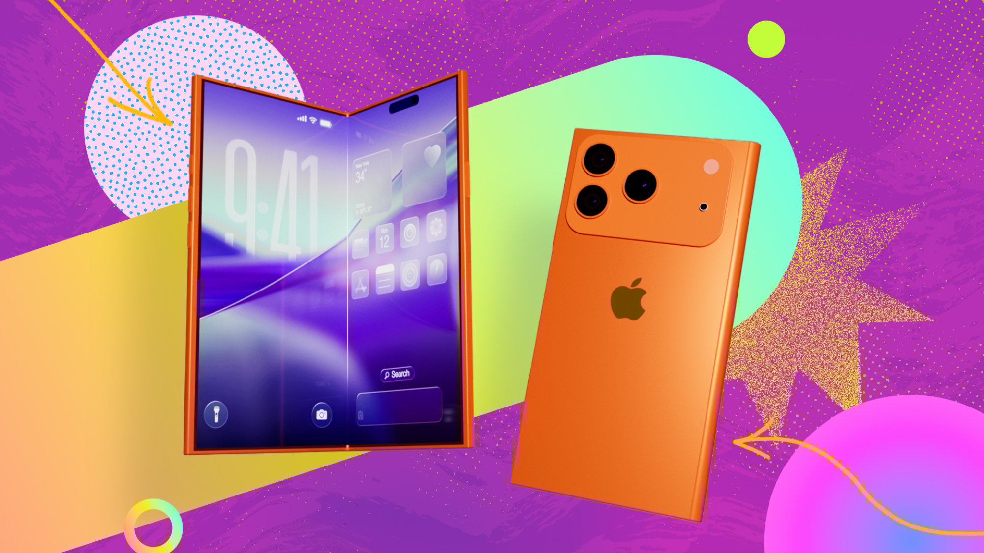 A conceptual rendering of an unfolded iPhone showing a seamless internal display.