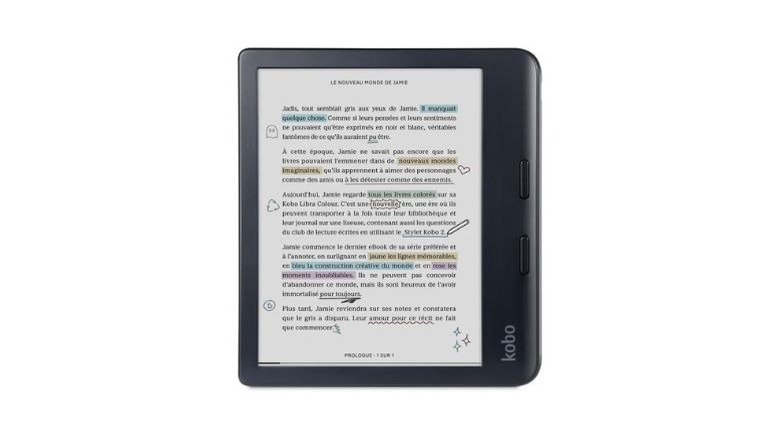 A small, ergonomic Kobo Libra Colour tablet being held in one hand.