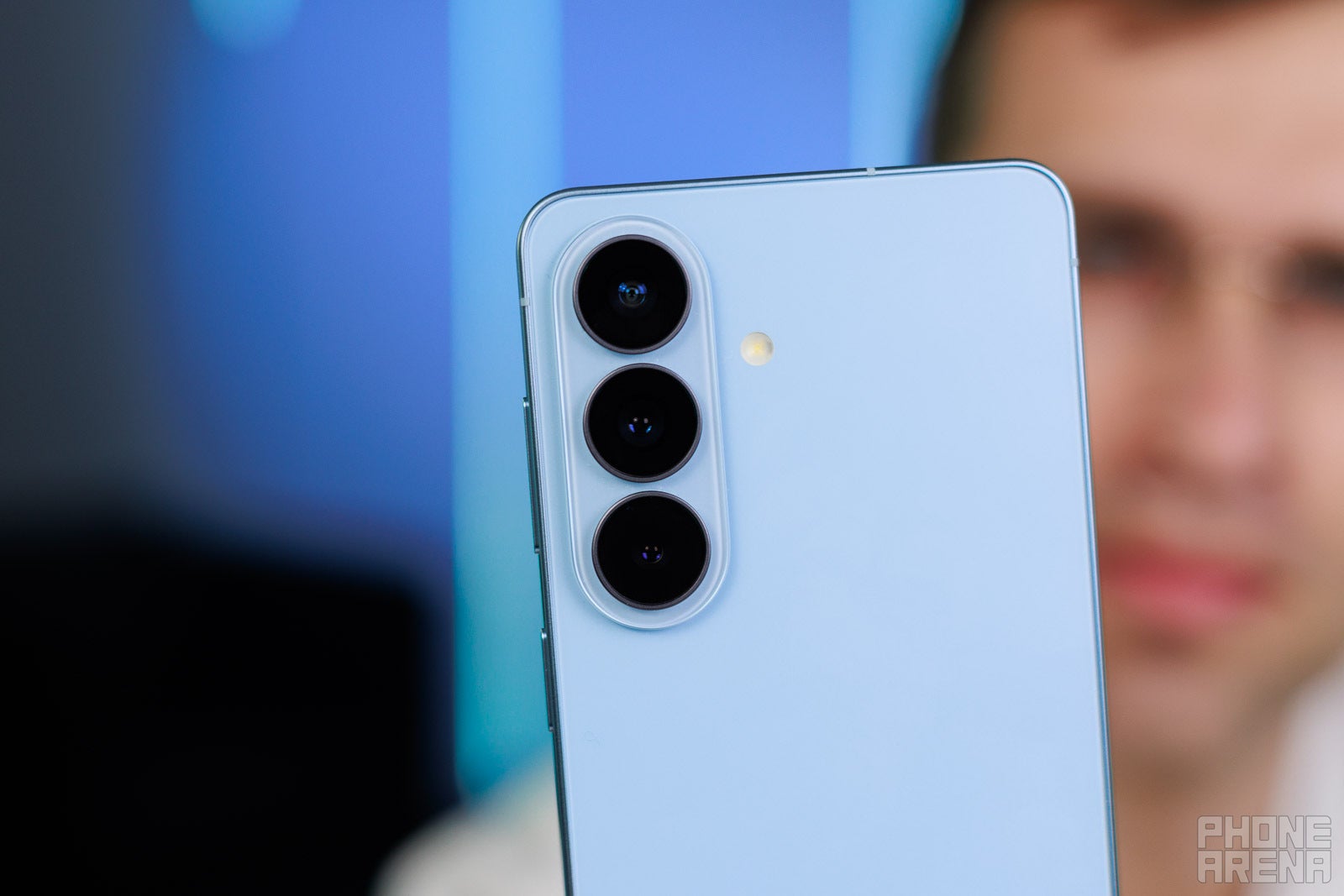 Close-up of the triple-lens camera module on the back of the Samsung Galaxy S26.