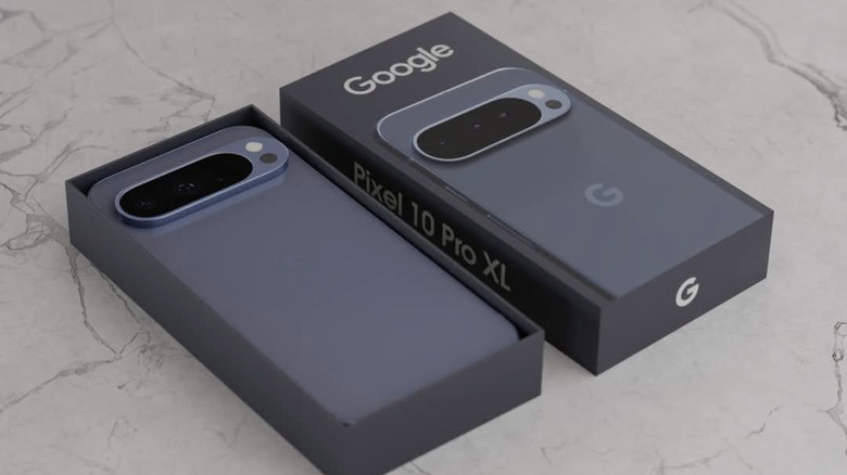 The Google Pixel 10 Pro XL smartphone sitting in its white retail packaging.