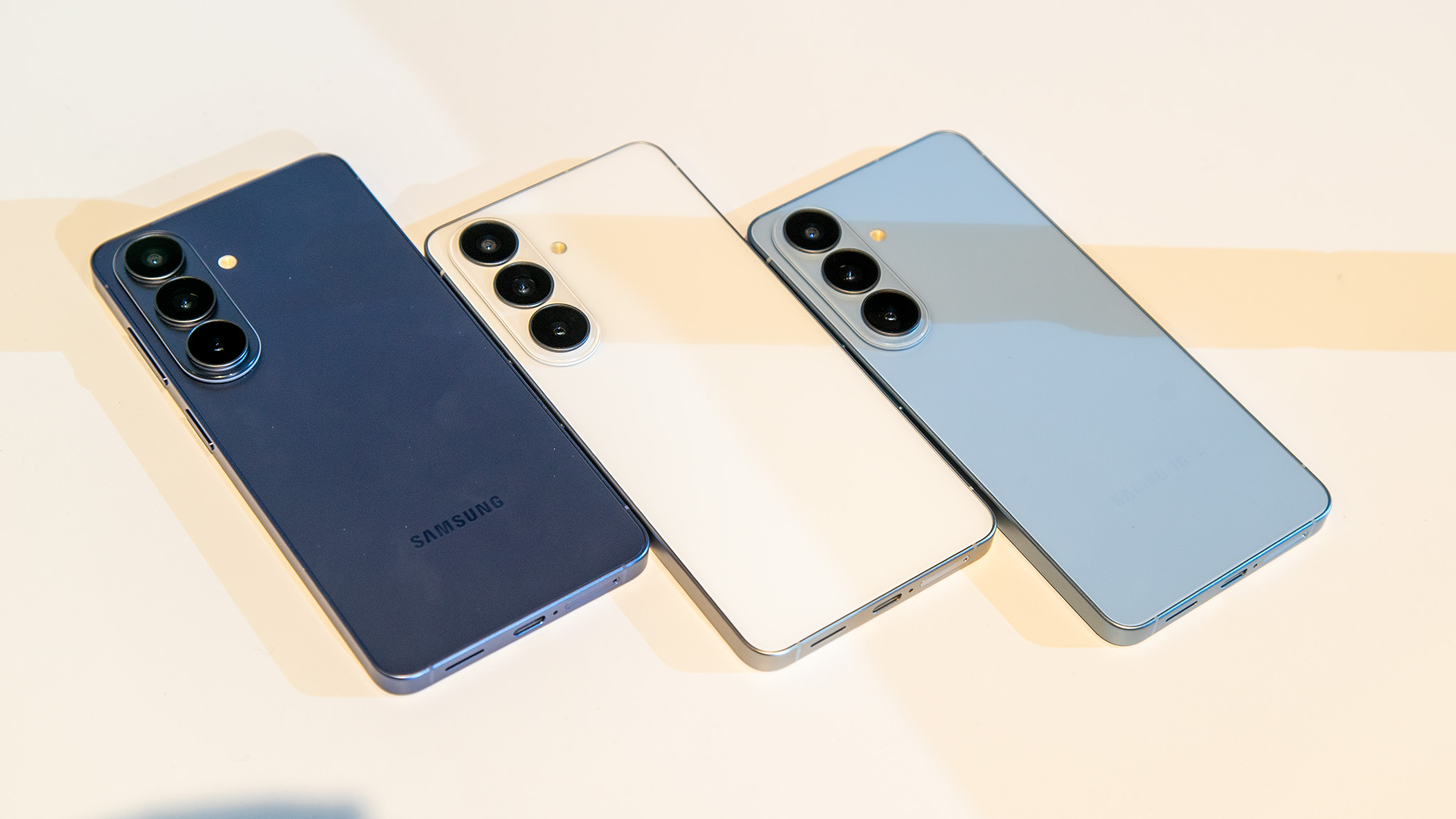 The complete Samsung Galaxy S26 lineup including the base, Plus, and Ultra models.