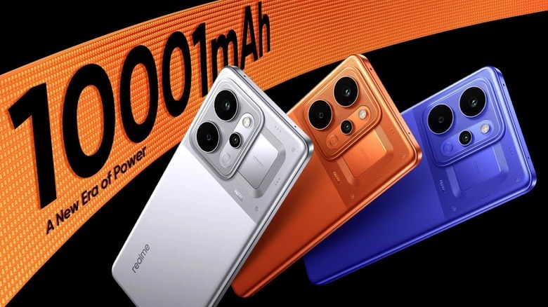 Several units of the Realme P4 Power shown in different color ways.