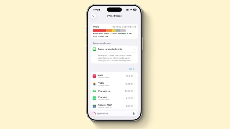 An iPhone storage settings screen showing the breakdown of apps, system data, and media.