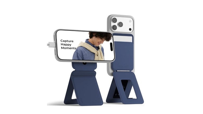 A Moft tripod wallet shown in both upright portrait and wider landscape standing positions.