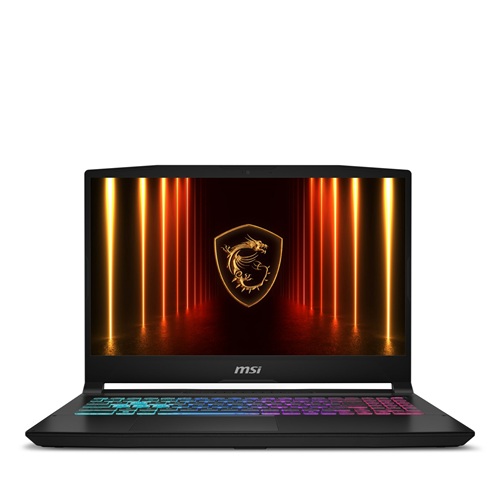 Front view of an MSI Katana 15 HX gaming laptop with its keyboard illuminated.