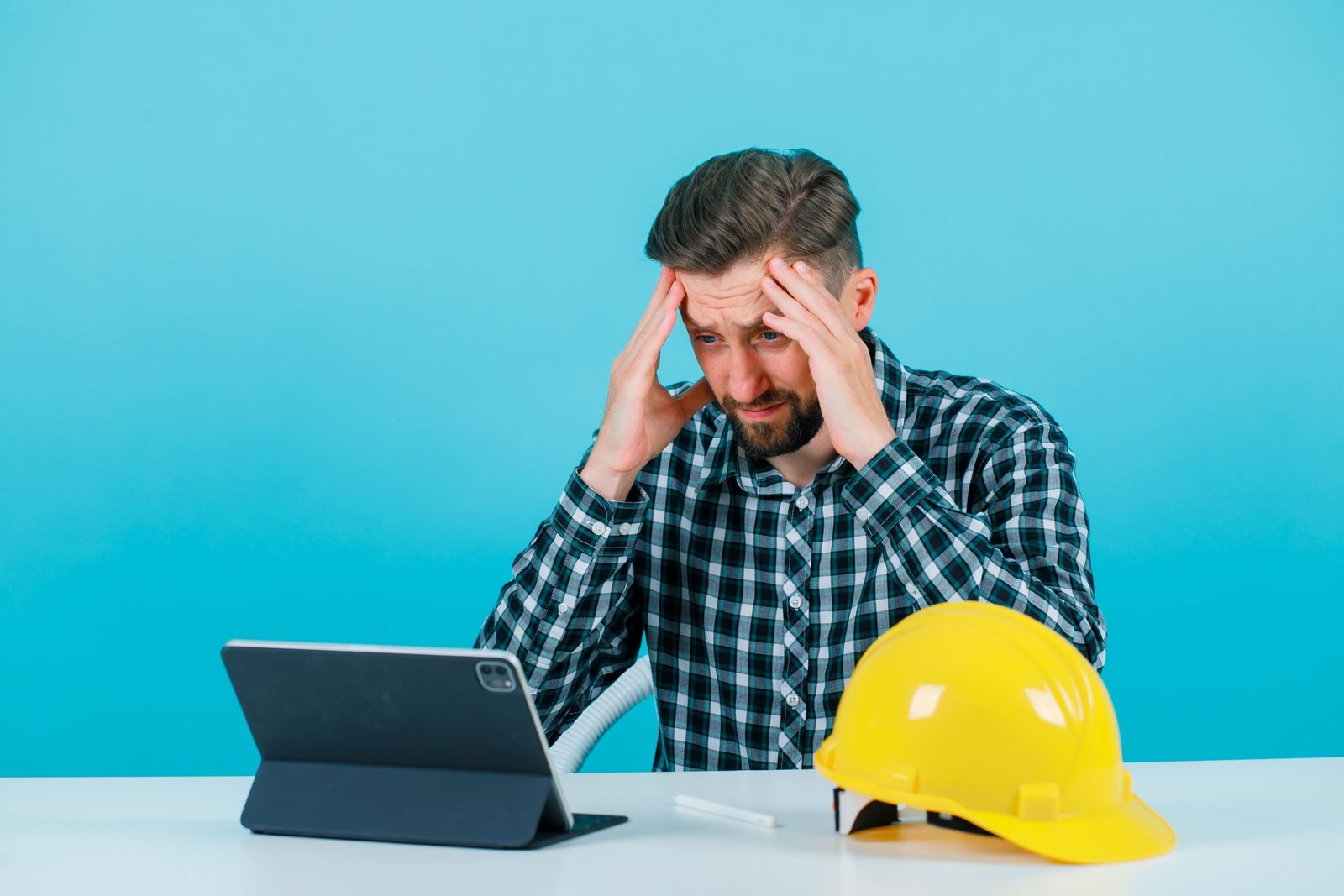 An engineer appearing stressed while reviewing technical solar layout blue prints.