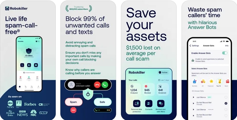 The RoboKiller app interface highlighting its call-blocking and AI answer bot features.