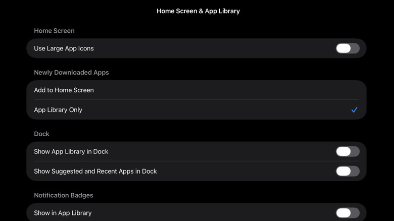 iPad settings screen showing the toggle to disable 'Add to Home Screen' for new app downloads.