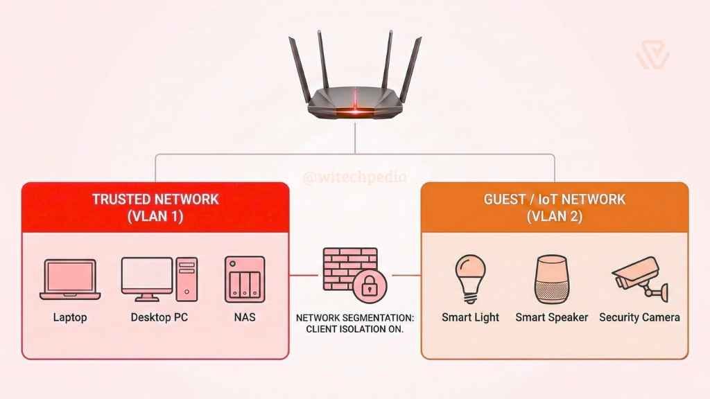 An infographic showing a main network divided into a private personal network and an isolated guest network for IoT devices.