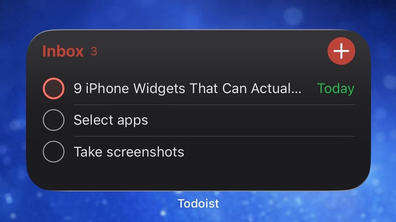The Todoist widget on an iPhone Home Screen displaying a list of current tasks.