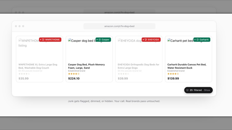 A comparison showing the Knockoff extension UI active on an Amazon search page, highlighting products being filtered out.