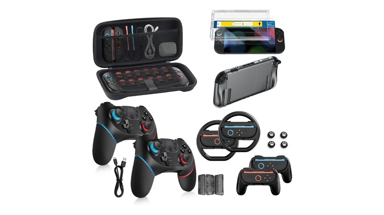 A collection of white-background product shots including a carrying case, screen protectors, and various controllers for the Nintendo Switch 2.