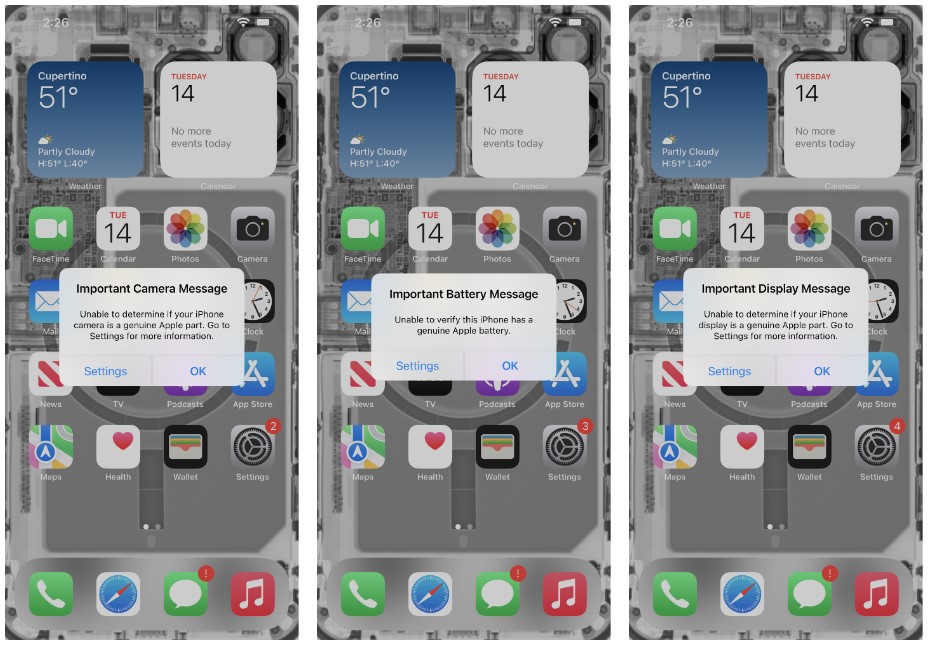 A close-up of an iPhone screen displaying an 'Important Display Message' regarding a non-genuine part.