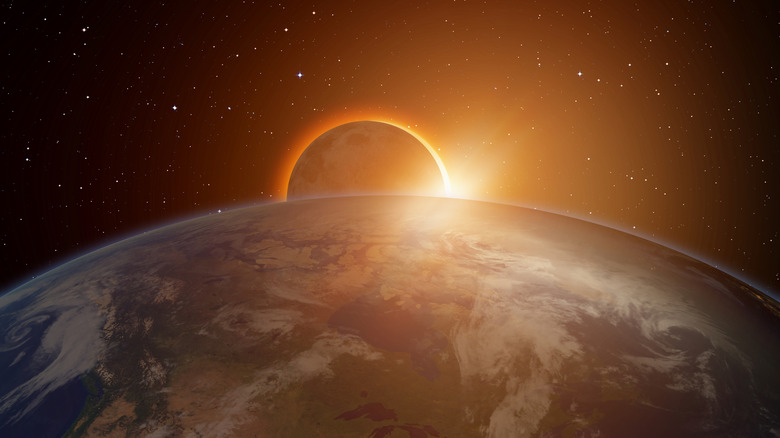 3D visualization showing the Moon aligned between the Sun and Earth.
